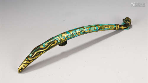 A CHINESE BRONZE INLAID GOLD AND JADE BELT HOOK