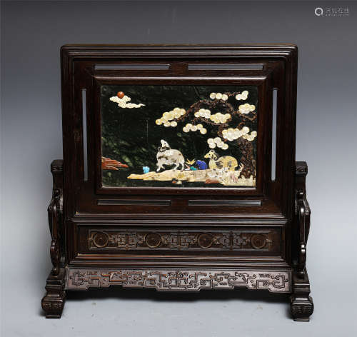 A CHINESE ZITAN TABLE SCREEN WITH JASPER AND GEMSTONES INLAI...