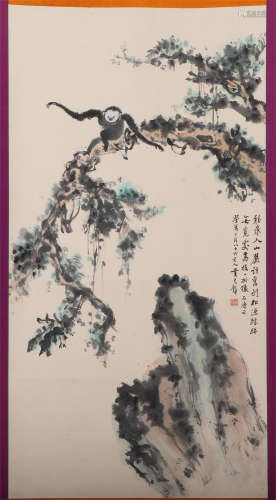 A CHINESE PAINTING OF MONKEY AND STONE