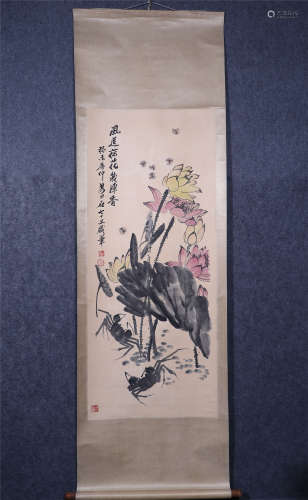A CHINESE PAINTING OF FLOWERS AND CRABS