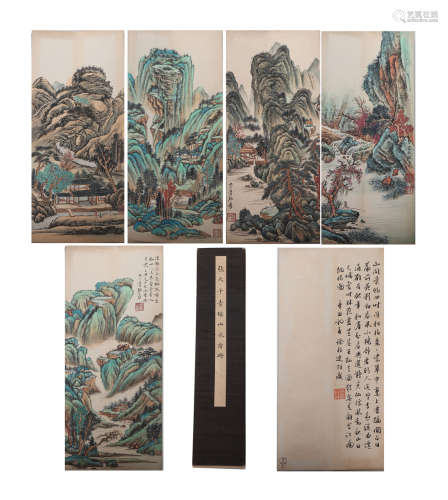 FIVE PAGES CHINESE PAINTING OF MOUNTAINS LANDSCAPE AND CALLI...
