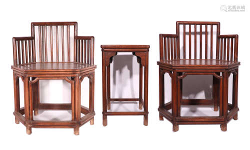 A SET OF CHINESE HARDWOOD HEXAGONAL CHAIRS