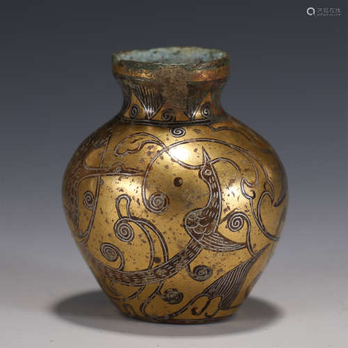 A CHINESE BRONZE PAINTING GOLD&SILVER JAR