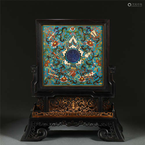 A CHINESE ZITAN CLOISONNE TABLE SCREEN