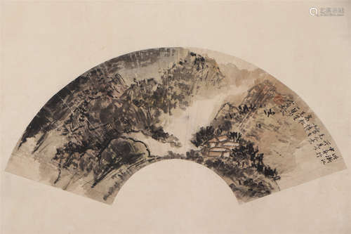 A CHINESE FAN-SHAPE PAINTING MOUNTAINS LANDSCAPE