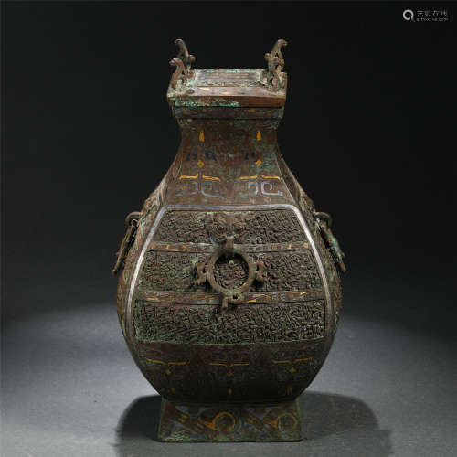 A CHINESE BRONZE PAINTING GOLD&SILVER VASE