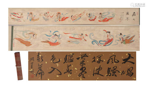 A CHINESE PAINTING OF FLYING APSARAS AND CALLIGRAPHY