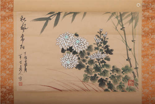 A CHINESE PAINTING OF FLOWERS AND BAMBOO