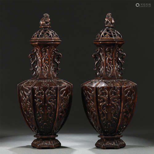 A PAIR OF CHINESE AGARWOOD VASES