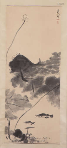 A CHINESE PAINTING OF LOTUS FLOWERS AND FISHES