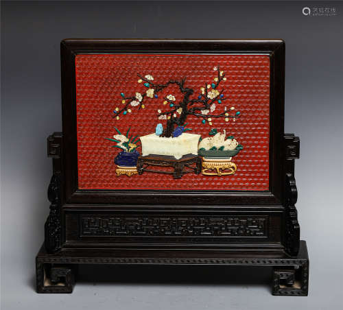 A CHINESE ZITAN TABLE SCREEN WITH TIXI LACQUER AND GEMSTONES...