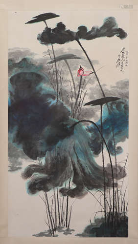 A CHINESE PAINTING OF LOTUS FLOWERS