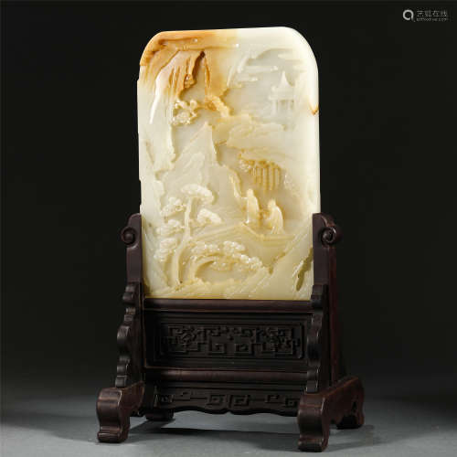 A CHINESE JADE CARVED FIGURE STORY TABLE SCREEN
