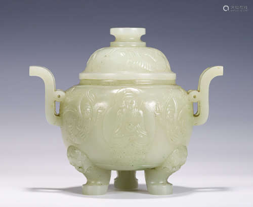 A CHINESE JADE TRIPOD CENSER WITH COVER
