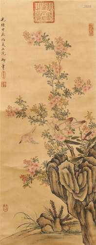 A CHINESE PAINTING OF FLOWERS AND BIRDS