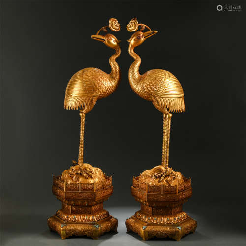 A PAIR OF CHINESE GILT BRONZE CRANE SHAPED INCENSE CAGES