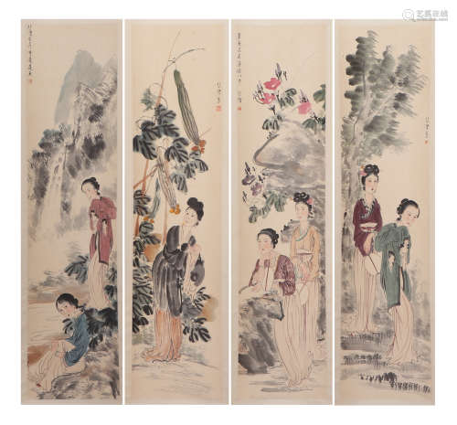 FOUR PANELS CHINESE PAINTING OF FIGURE STORY