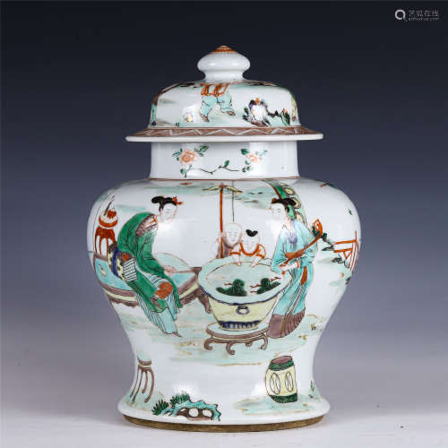 A CHINESE WUCAI PORCELAIN FIGURE STORY PATTERN JAR WITH COVE...