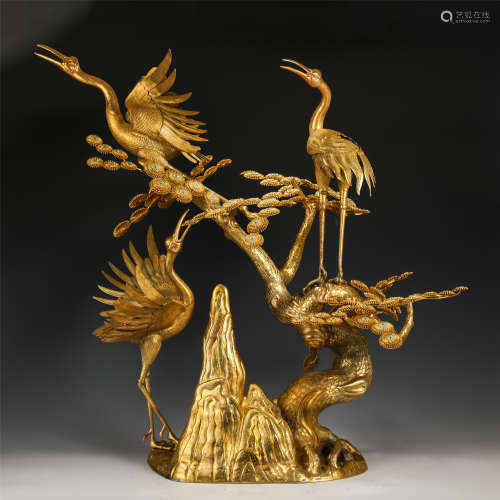 A CHINESE GILT BRONZE CRANE AND TREE DECORATION