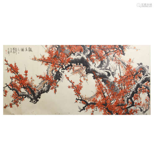 A CHINESE PAINTING OF RED PLUM BLOSSOM FLOWERS