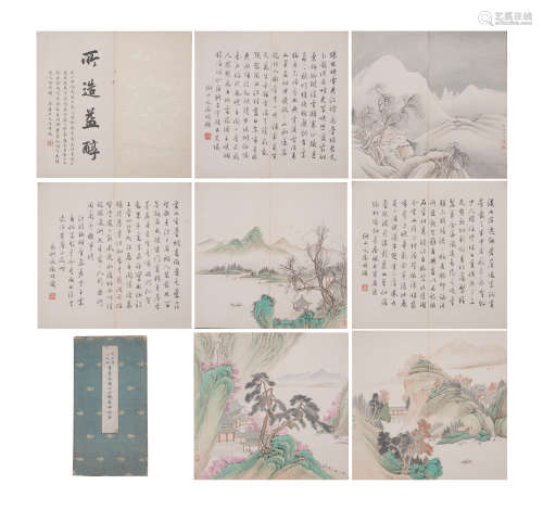A CHINESE ALBUM OF PAINTINGS MOUNTAINS LANDSCAPE AND HANDWRI...