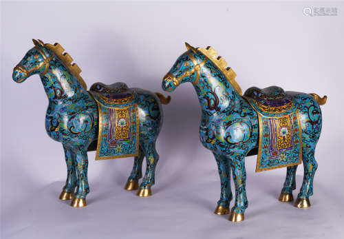 A PAIR OF CHINESE ENAMEL INLAID GILDING HORSES