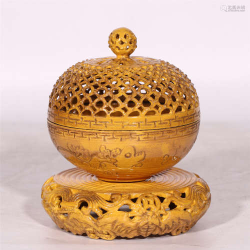 A CHINESE YELLOW GLAZED PORCELAIN INCENSE CAGE