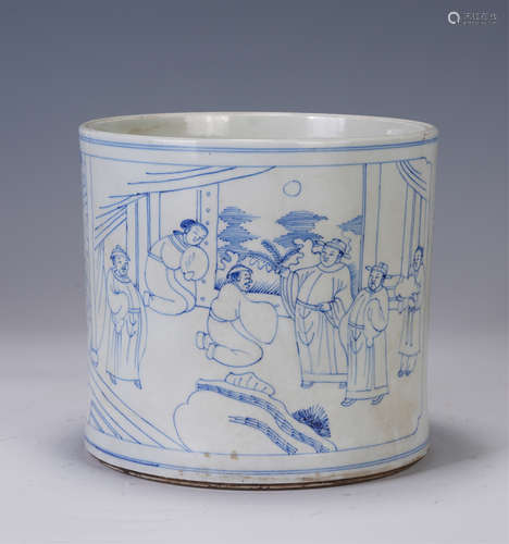 A CHINESE BLUE AND WHITE PORCELAIN BRUSH POT