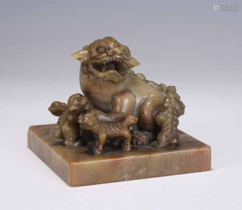 A CHINESE CARVED LION HANDLE SHOUSHAN STONE SEAL