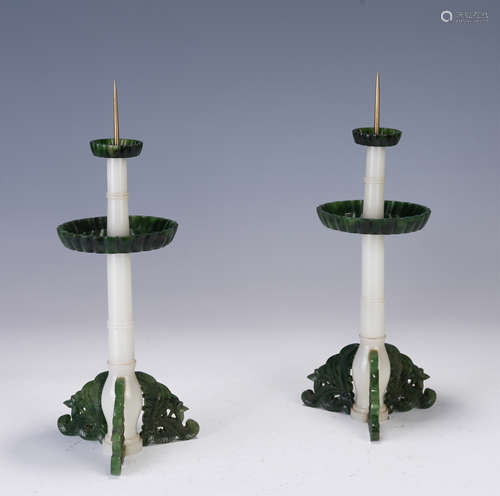 A PAIR OF CHINESE JASPER INLAID WHITE JADE CANDLE HOLDER