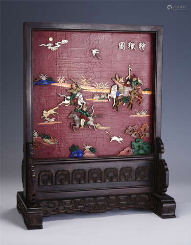 A CHINESE ZITAN INLAID GEMSTONES TABLE SCREEN