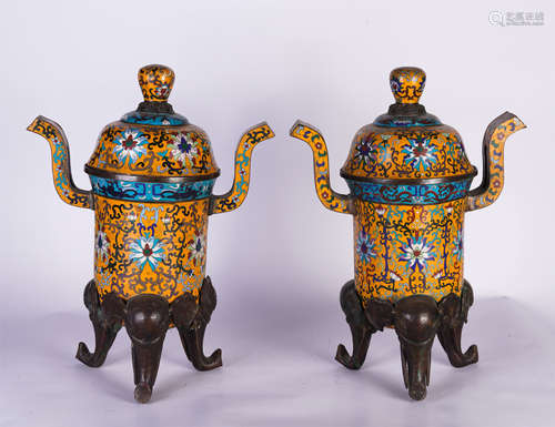 A PAIR OF CHINESE YELLOW GROUND ENAMEL CENSERS