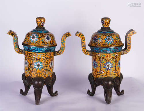 A PAIR OF CHINESE YELLOW GROUND ENAMEL CENSERS