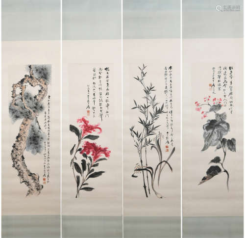 FOUR PANELS CHINESE COLORFUL PAINTINGS