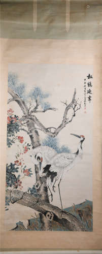 A CHINESE PAINTING OF CRANES AND PINE
