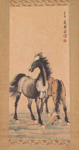 A CHINESE PAINTING OF TWO FINE HORSE