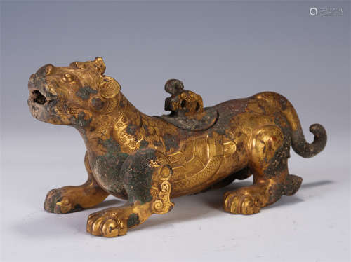 A CHINESE GILT BRONZE TIGER INCENSE