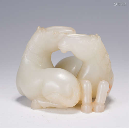 A CHINESE WHITE JADE TWO HORSES PAPER WEIGHT