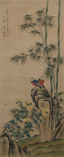 A CHINESE PAINTING OF FLOWERS AND BIRDS AND BAMBOO