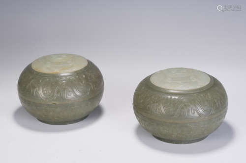 TWO CHINESE LIGHT GREENISH WHITE JADE LIDDED BOXES WITH WHIT...