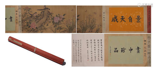 A CHINESE PAINTING OF FLOWERS AND BIRDS AND CALLIGRAPHY