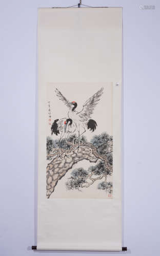 A CHINESE PAINTING OF CRANES AND PINE TREE