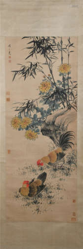 A CHINESE PAINTING OF COCKS AND FLOWERS