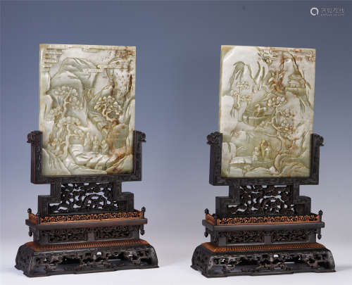 A PAIR OF CHINESE LIGHT GREENISH WHITE JADE TABLE SCREENS