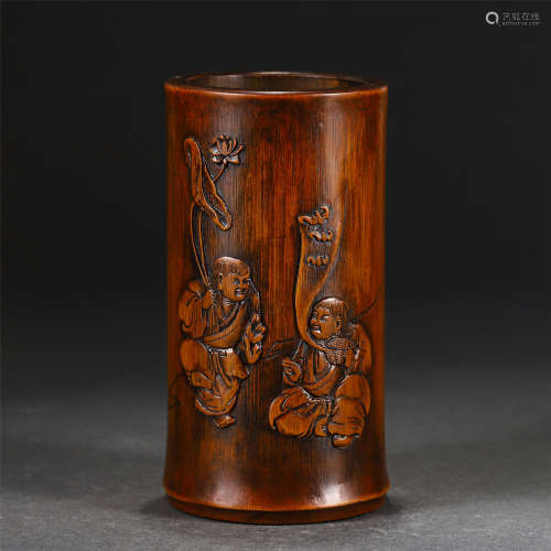 A CHINESE BAMBOOCARVING FIGURE BRUSH POT