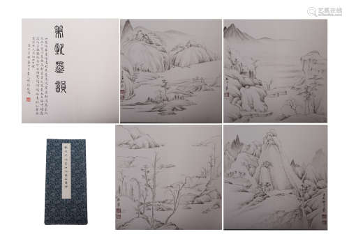 FIVE PAGES CHINESE PAINTING OF MOUNTAINS LANDSCAPE AND CALLI...