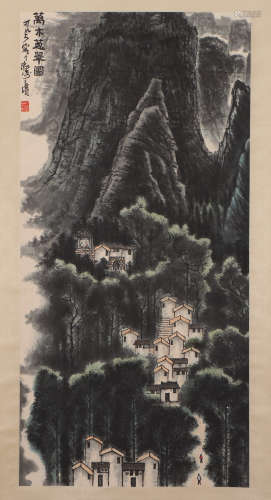 A CHINESE PAINTING OF HOUSES AND MOUNTAINS LANDSCAPE