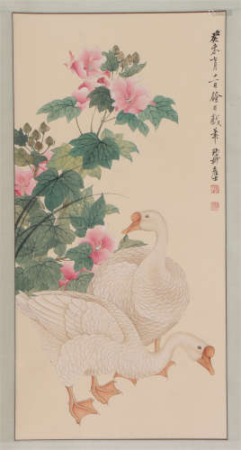 A CHINESE PAINTING OF GEESE AND FLOWERS