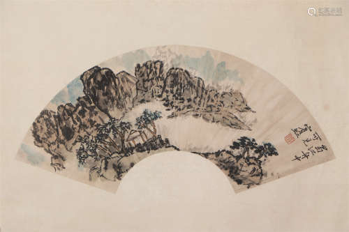A CHINESE FAN SHAPE PAINTING OF MOUNTAINS LANDSCAPE
