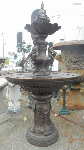 Large Two-Tier Bronze Fountain With Cherubs and Fish